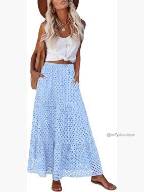 Rayon Maxi Skirt High Waist Tiered Eyelet A-Line Beach Vacation